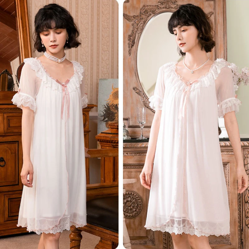 Women Romantic Nightgowns Vintage White Pink Lace Peignoir Mesh