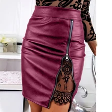 SHUJIN Весенняя женская мини-юбка с высокой талией из искусственной кожи, кружевная прошитая посылка, мини-юбка, простой расклешенный плиссированный раскол