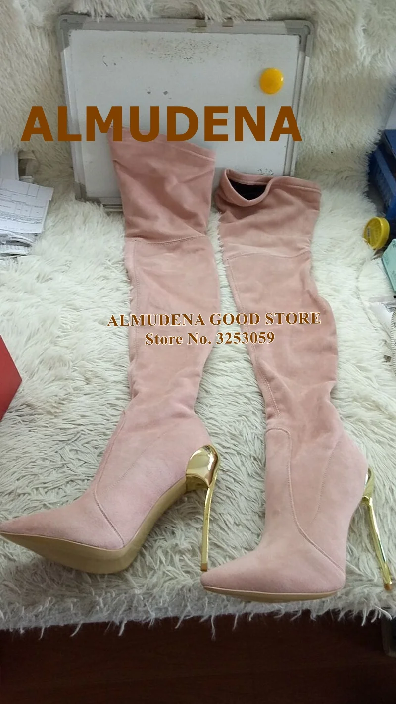 1901S1079 Casadei浅粉色绒面金色金属细跟b款过膝长靴 凯蕊2014