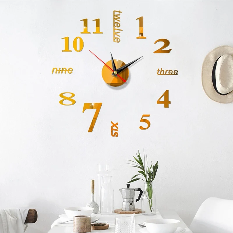 Wall Clock 3D Modern Design Silent Digital Acrylic Mirror Self adhesive Sticker for Living Room Decoration | Дом и сад