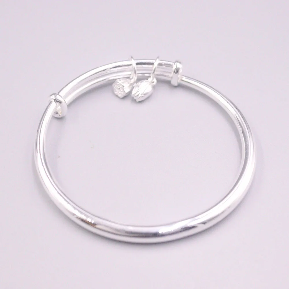 

New Fine Pure S999 Sterling Silver Bangle Women 5mmW Smooth Lotus Flower Bead Bracelet 55-60mm 30-32g
