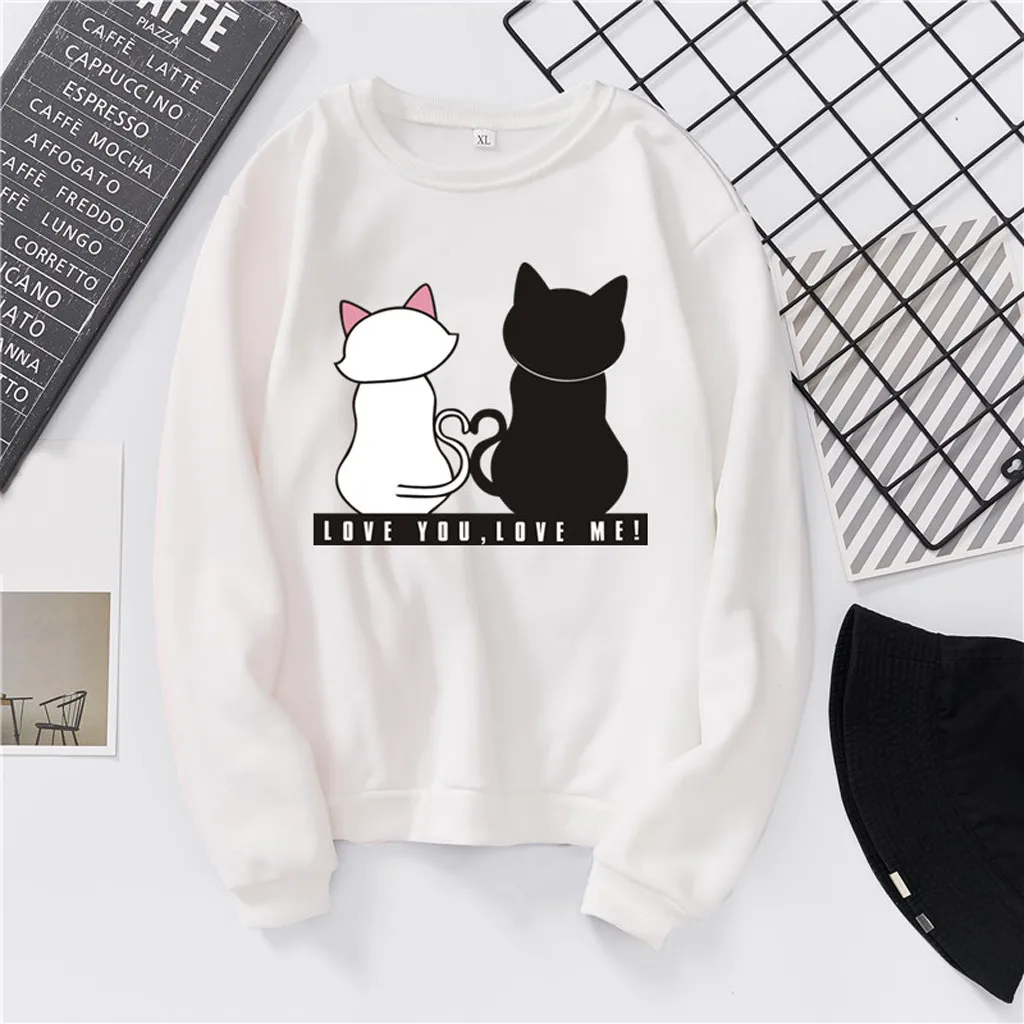 Харадзюку толстовки для женщин дамы kawaii кошки печатных с длинным рукавом круглый воротник толстовка женские осенние Топы Блузка Sudadera Mujer
