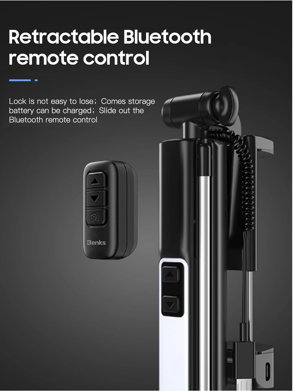 Benks New Wireless Bluetooth Selfie Stick Tripod Extendable With Shutter Button Remote Control Universal For iPhone 11 XR Xiaomi (11)