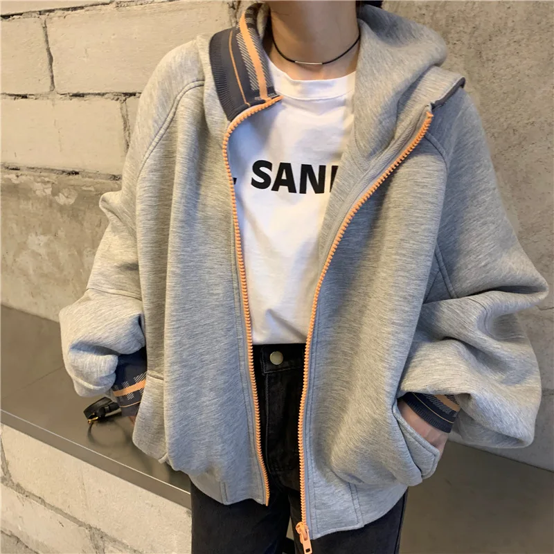 

Photo Shoot 2020 WOMEN'S Dress Autumn New Style Hoodie CEC Contrast Color Zipper Hooded Hong Kong Style INS Hooded Coat Women's