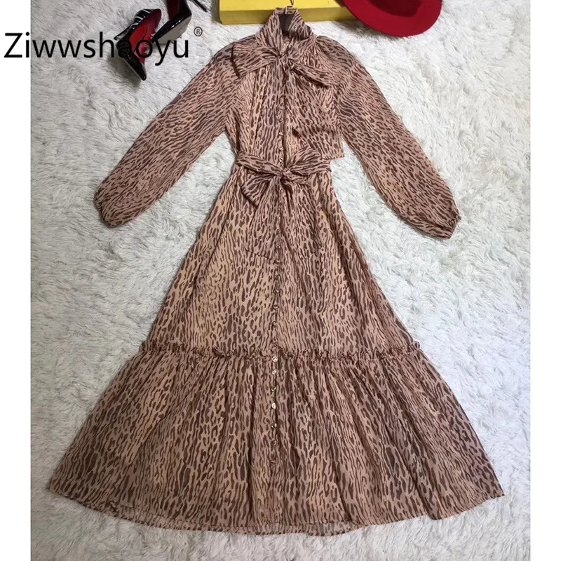 Ziwwshaoyu женское осенне-зимнее винтажное леопардовое платье миди с принтом модный фонарь рукав бант воротник сексуальные платья для вечеринок