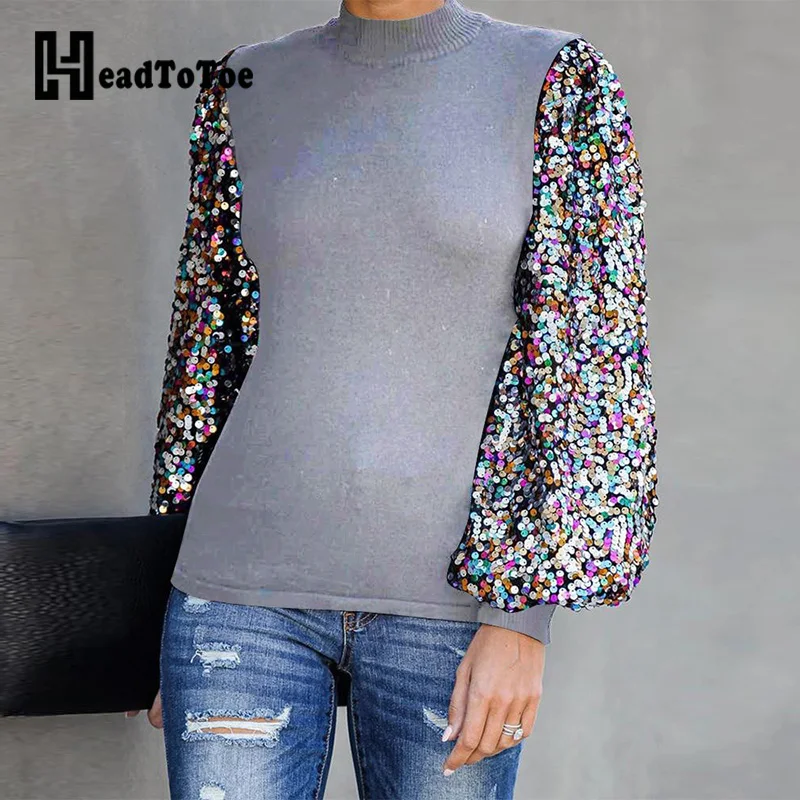 

Mock Neck Lantern Sleeve Sequins Colorblock Insert Blouse