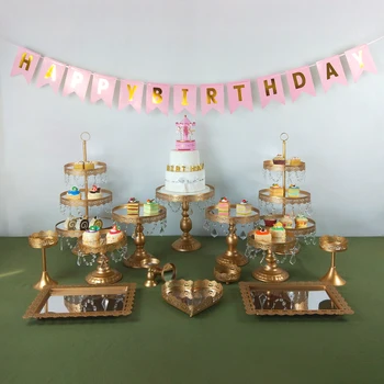 

1-15Piece Gold mirrors Cake Stand Set Round Metal Crystal Cupcake Stands Dessert Display Pedestal Wedding Party Display