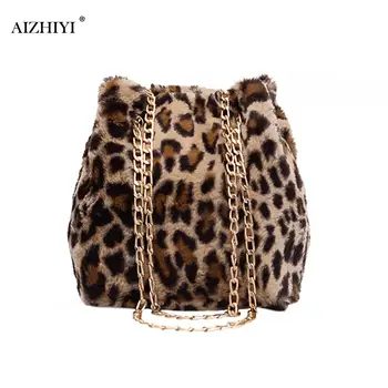 

Fashion Leopard Plush Messenger Bags Women Winter Chain Bucket Shoulder Handbag Popular Simple Female Daily Bag