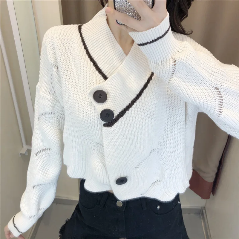 

New Autumn White Sweater Women Loose Lazy Style Short Hollow-out Net Red Knitted Sweater Top V-Neck Cardigans Women Sweaters