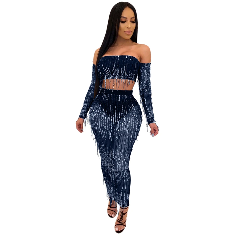 blue dress Adogirl/комплект из двух предметов с блестками и кисточками; платье без бретелек с открытыми плечами; укороченный топ с длинными рукавами; облегающая Макси-юбка; Клубные костюмы - Цвет: blue dress