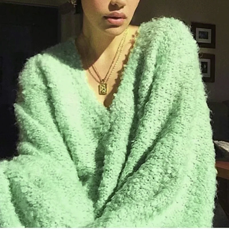 Miguofan зеленый свитер осень зима женские свитера сексуальный v-образный вырез джемпер повседневные пуловеры вязание фонарь рукав женский