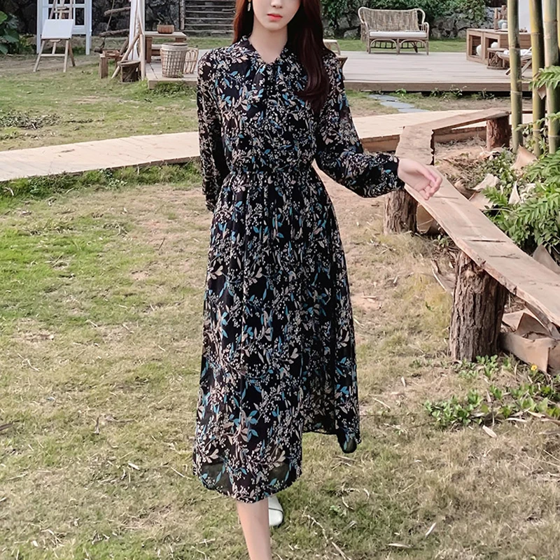 Elegant Lace Up Floral Printed Women Dress Spring Long Sleeve A-line Slim Female Chiffon Vintage Midi Vestidos 3XL | Женская одежда