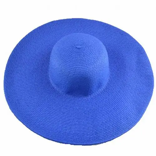 Hawaiian Summer Beach Floppy Hat Solid Color Women Wide Brim Straw Sun Cap - Цвет: Sapphire Blue