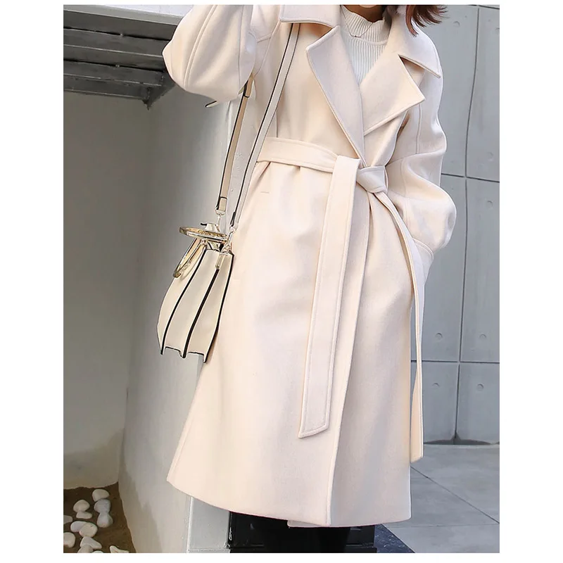 Beige Длинное пальто, зима-осень, женское, плюс размер, одноцветное, Ретро стиль, тонкий, рукав-фонарик, повседневная, новая верхняя одежда, милое пальто, элегантный пояс, розовое пальто - Цвет: Beige