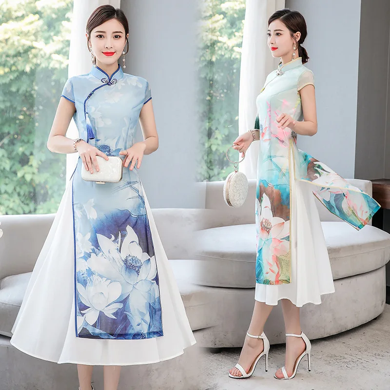 Fs6665 Одри улучшенное Cheongsam Летнее Длинное платье феи ветер свежий Лотос Большой размер повседневная жизнь ретро платье