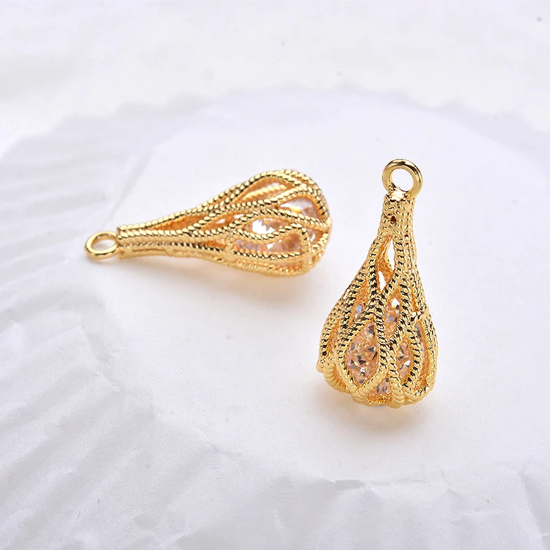 4PCS 20*10MM 24K Champagne Gold Color Brass with Zircon Double Drop Charms Pendants High Quality Jewelry Accessories