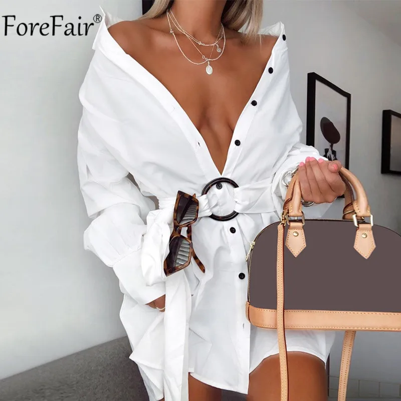 Forefair V образным вырезом пояса для женщин Кнопка белая рубашка платье офис с длинным рукавом трендовые Осень Зима Повседневное мини сексуальные платья
