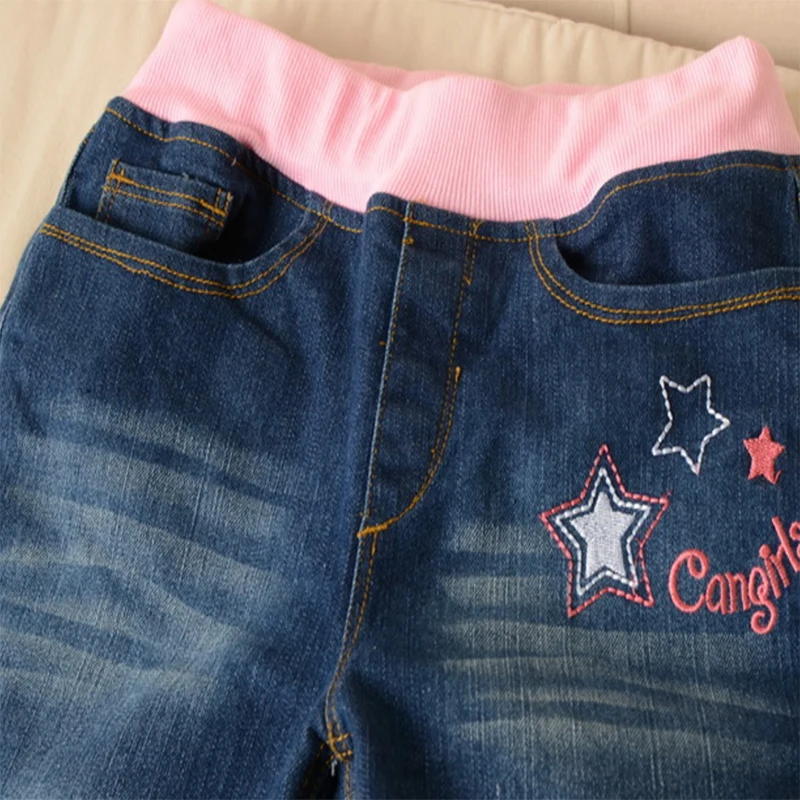 Girl Jeans Kids Elastic Waist Pure Cotton Denim Pants Star Embroidery 12 14 years Autumn Kids Girl Fashion Jeans