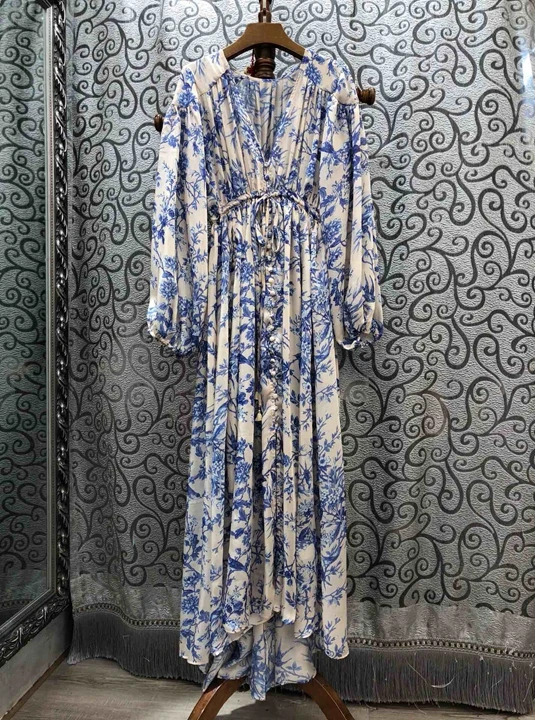 

2019 Early Autumn New Female V-neck Printing Patterns Colour Matching Draw-rope Long Sleeve Dress 802