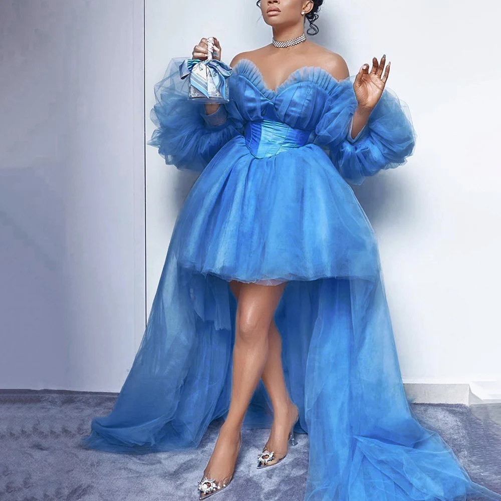 

Blue Mesh Ball Gown Party Dress Long Sexy African Ladies Long Sleeve Off Shoulder High Low Club Evening Pleated Tutu Maxi Dress