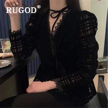 

RUGOD new temperament lace-up women blouse fashion hollow out v neck long sleeve lace blouse office lady shirt blusa feminina