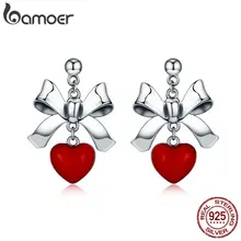 BAMOER, новинка, 925 пробы, серебро, красное сердце, с бантом, женские серьги-гвоздики для женщин, Стерлинговое Серебро, ювелирное изделие SCE355