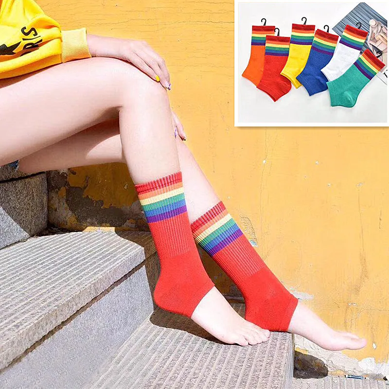 Новые модные женские радужные полосатые носки для скейтборда корейские женские уличные спортивные носки в стиле хип-хоп забавные носки с открытым носком