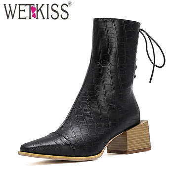 

WETKISS Chunky Boots Woman Lace Up Square Toe Ankle Boots Zip Emboss Pu Leather Short Booties Autumn Winter Shoes Women Big Size