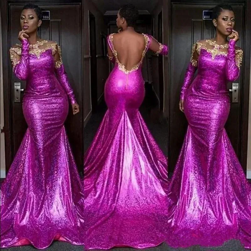 

Fuchsia Prom Dresses Long Mermaid Sequined Sparkly African Gold Lace Applique Full Sleeve Backless Evening Formal Party Gowns