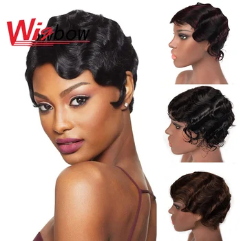 

Pixie Cut Human Hair Wigs For Women Colorful Brazilian Remy Human Hair Wigs Finger Wave Wig For Black Women Fast Shipping Wig