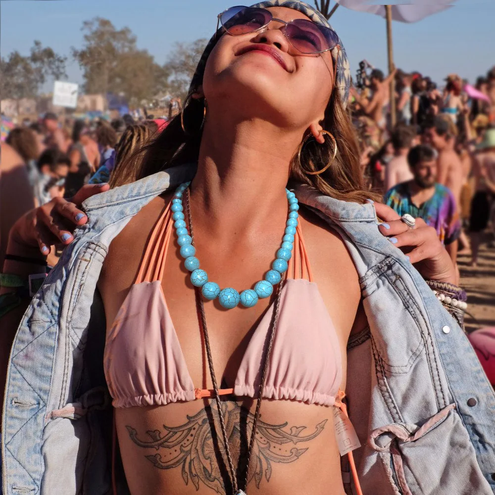 

Bohemian exaggerated retro Blue stone Choker necklace earrings set Statement Chunky Ethnic Bead Earrings and Necklace Jewelry