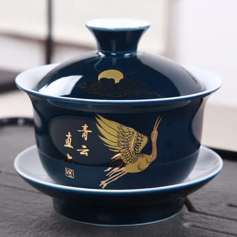 Блестящая голубая керамическая дегустационная чайная чашка Sancai Gaiwan чайная тарелка, китайская чайная чаша, чайная кофейная чашка и блюдце, набор, чашка для питья с крышкой