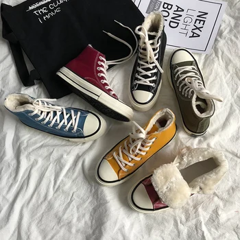 

Lovers Winter Canvas Shoes Fur Lining Girl Boy Sneakers Plush Lined High Top Candy Color Nice Quality Women Warm Shoes 35-44