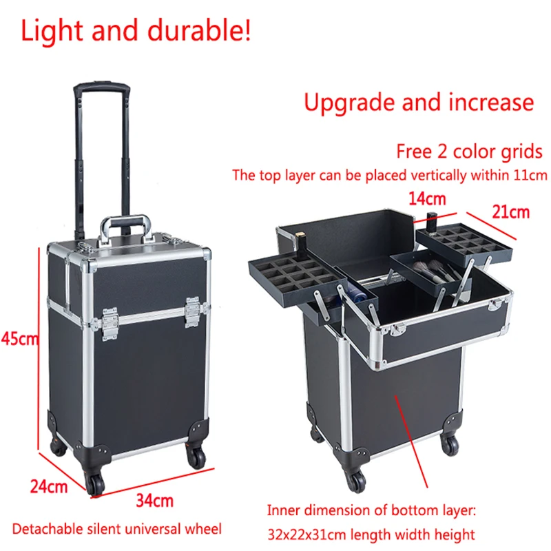 Travel Large Capacity Professional Makeup Suitcase Aluminum Cosmetic Trolley Case Beauty Barber Organizer Tool Box Customized