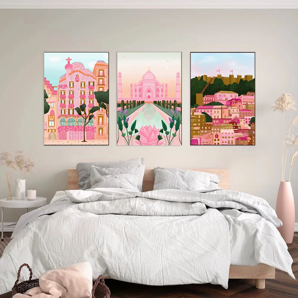 

Italy Positano Pisa Lisbon Barcelons Building Poster Pink Moscow Print Canvas Wall Art Painting Nordic Travel Decoration Picture