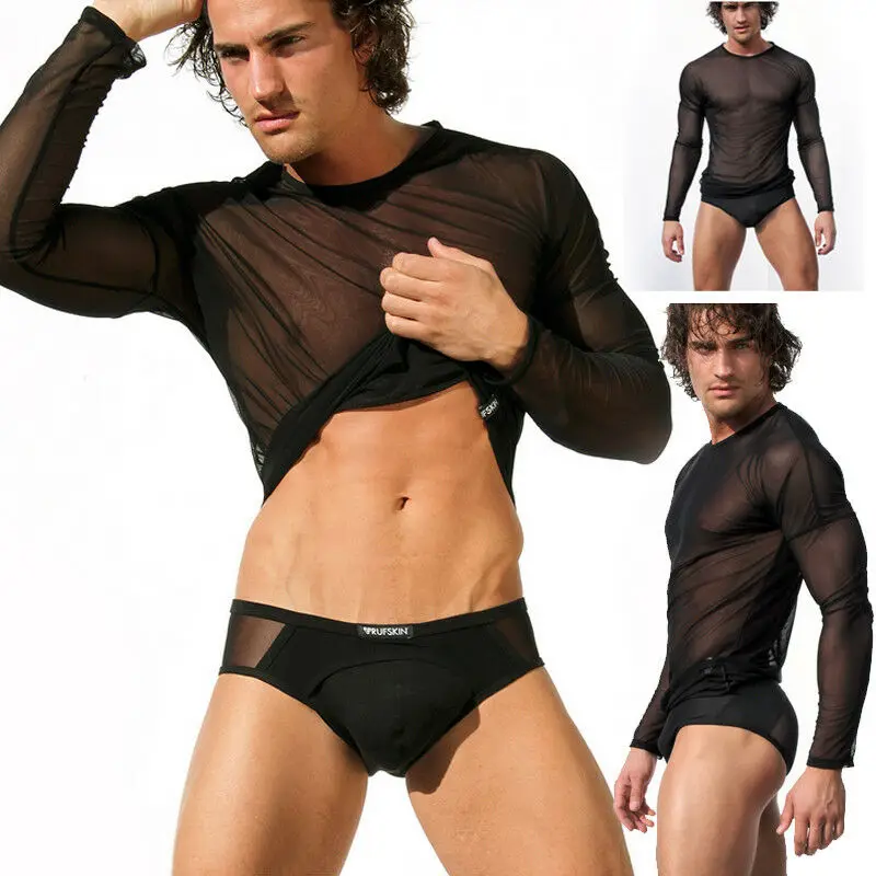 Hirigin Mens Undershirt Gay clothing Nylon Mesh Shirt See Through Sheer Long Sleeves T Shirts Sexy transparent shirt Underwear