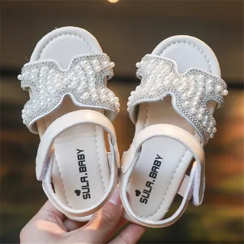 

Summer children's shoes women's shoes sandals hook and loop beaded round head casual sweet flat with non-slip student shoes