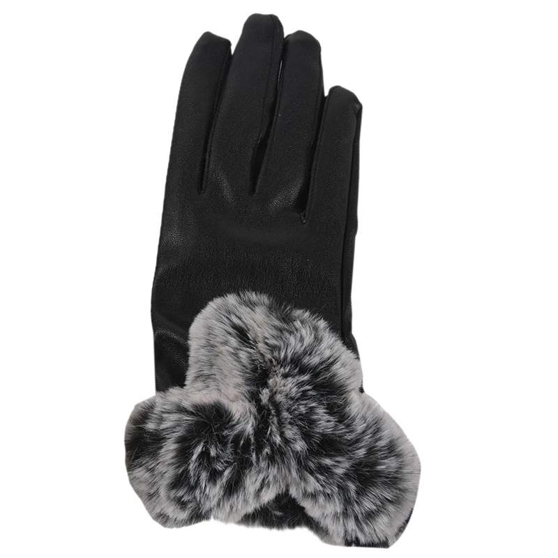 Women Autumn Winter Warm Leather Gloves Rabbit Fur Touch Screen Gloves Evening