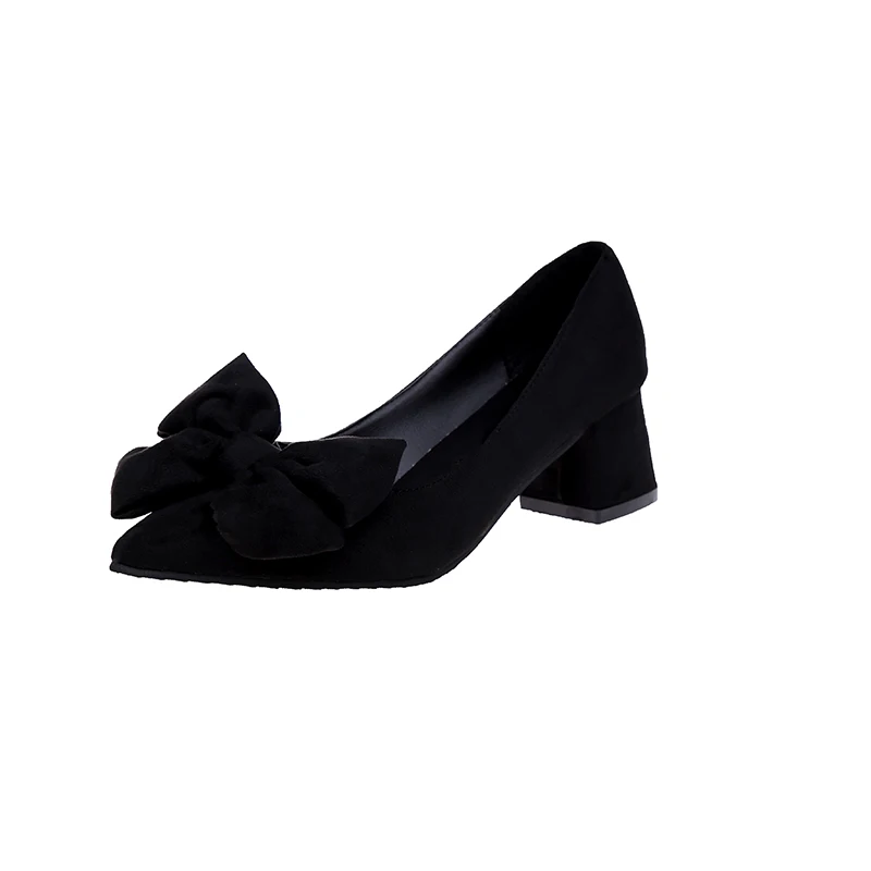 Демисезонные туфли-лодочки; средний каблук; острый носок; квадратный каблук; туфли-лодочки без застежки с большим бантом; Милая женская обувь; Q179 - Цвет: Черный