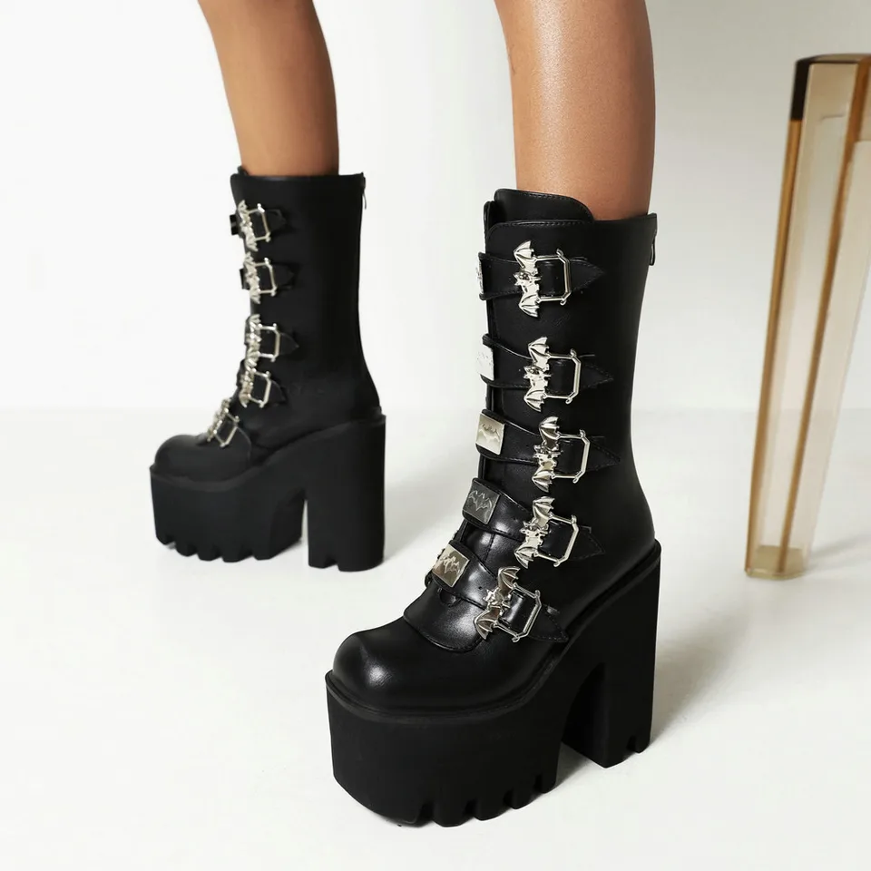 YIYA Black Goth Platform Ankle Boots For Women With Buckles Chunky Block Heels