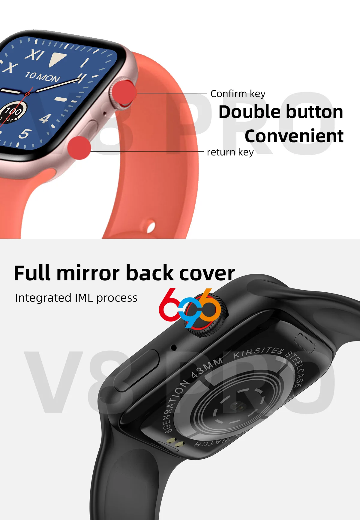 696 V8pro Смарт-часы с Bluetooth, мониторинг сердечного ритма, фитнес-трекер, шагомер, водонепроницаемый смарт-браслет, умные часы