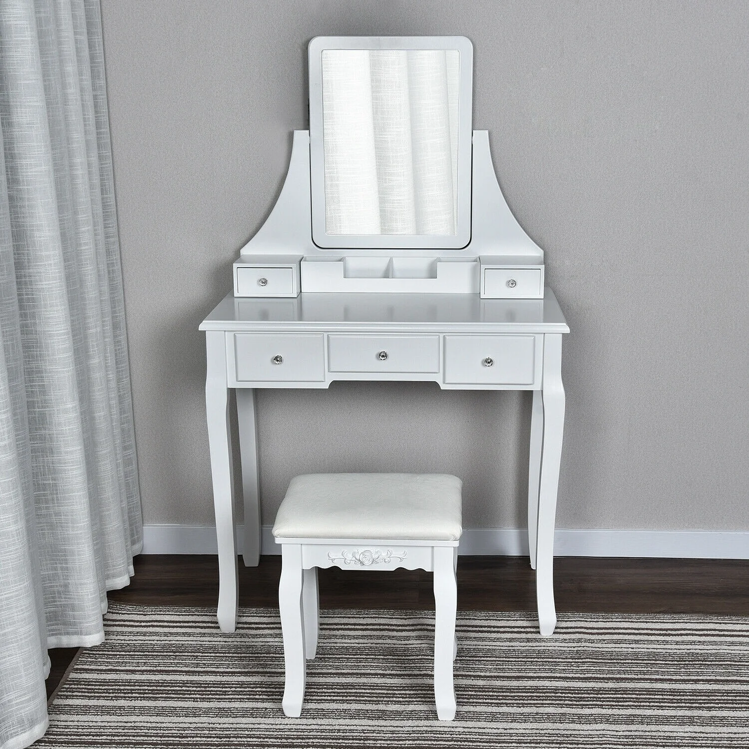 PULUOMIS White Dressing Table with Mirror 3 Drawer Makeup Desk Set with LED Lights & Padded Stool for Bedroom 