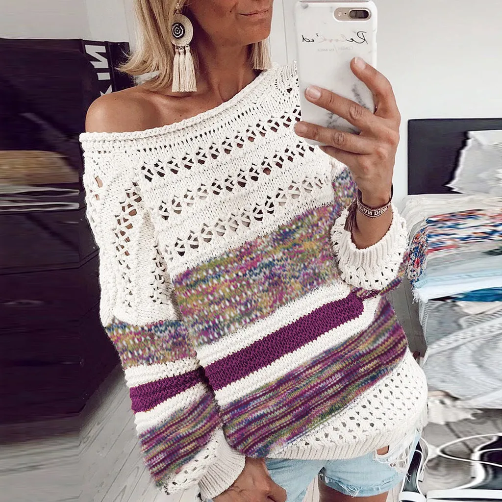 MISSOMO Winter Knitted sweater women 2019 pullover sweater jumper Stripe O-Neck Hollow Out Long Sleeve Sweaters pull femme hiver