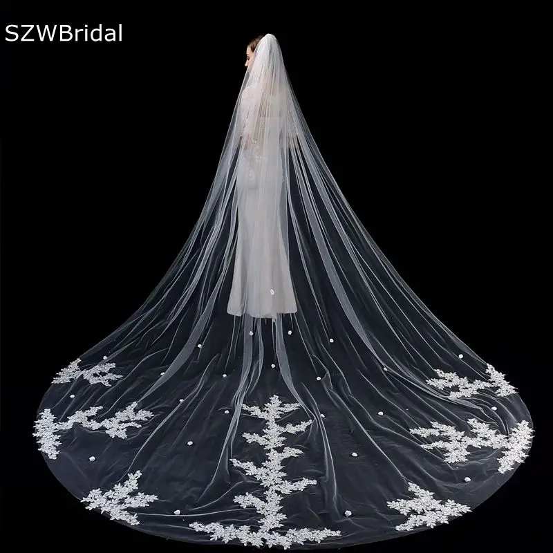 

New Arrival 3.5 Meter Cathedral wedding veil Ivory Lace Appliques Bridal Veils Welon katedralny Novia accesorios Casamento