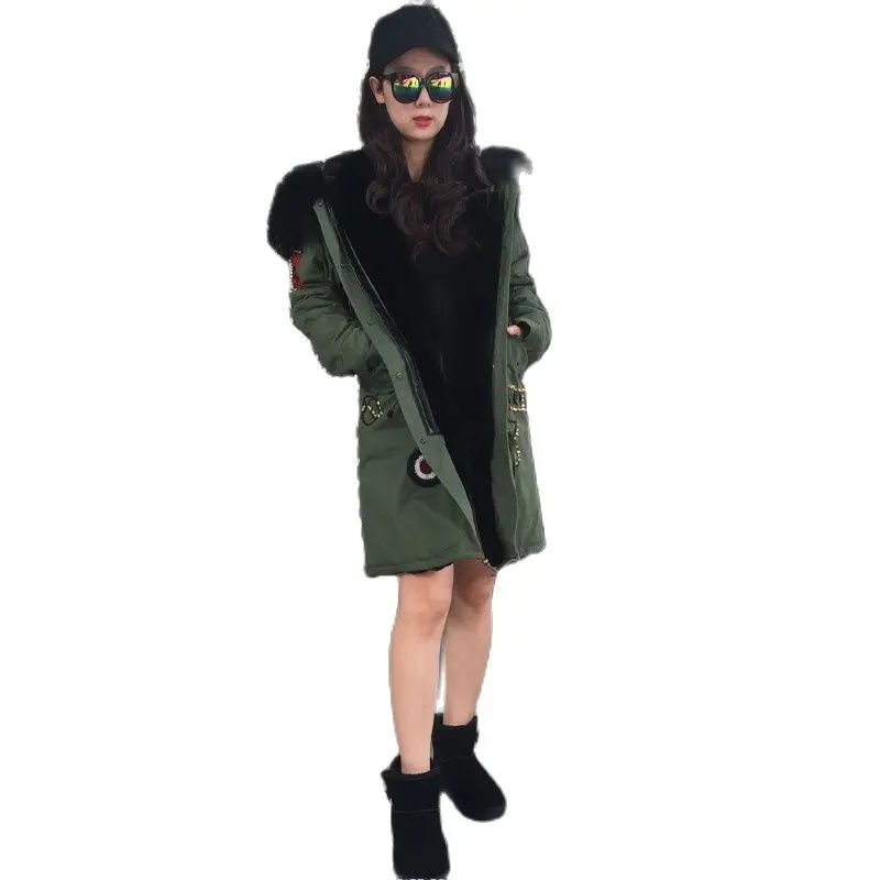 

Black USA Flag Rabbit Fur Parka For Ladies New Year Wear, Huge Raccoon Fur Hoodies Black Real Fur Lined Mr Mrs Wear