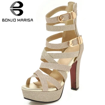 

BONJOMARISA New Fashion Gold Decorating Platform High Heels Party Gladiator Sandals Women Summer Bridal Shoes Woman