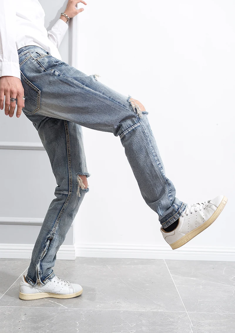 Брюки с молнией на коленях, джинсы с большими дырками, джинсы в стиле хип-хоп, трендовые Мужские штаны в стиле high street wind wild