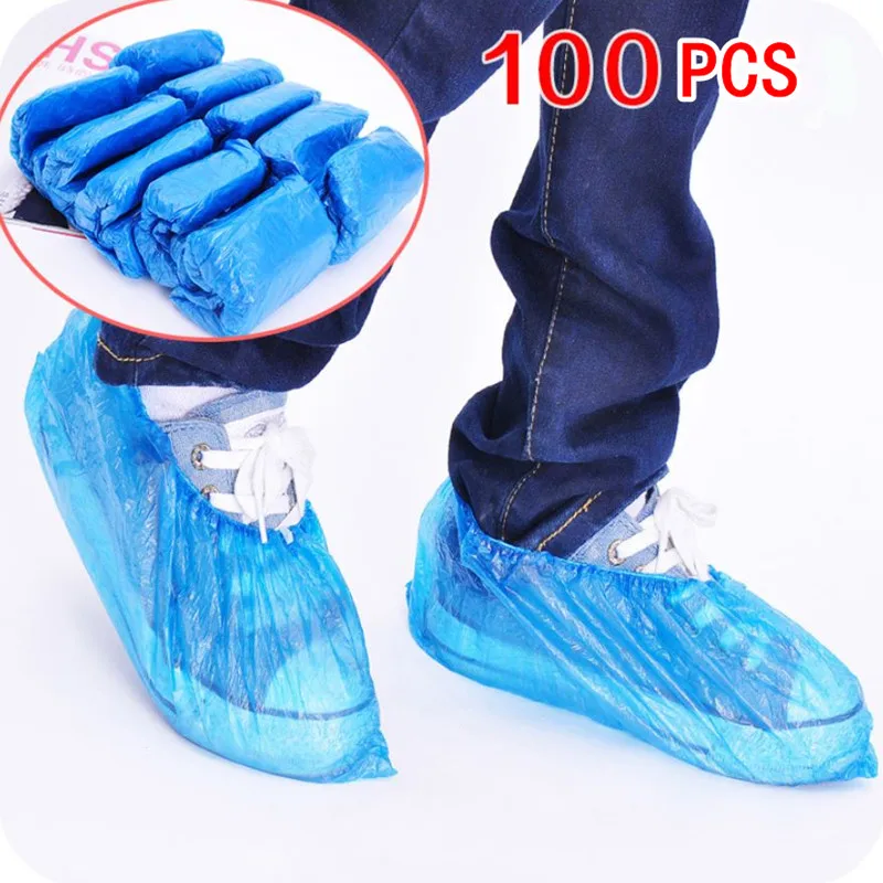 Buen trato Cubiertas desechables de plástico para zapatos cubiertas botas a prueba de agua para exteriores, gruesas, para días lluviosos, limpieza de alfombras, color azul, 100 Uds. 85ZYjr1kV