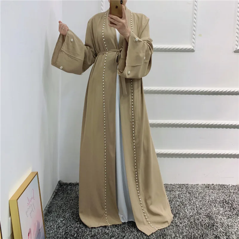 Hot Sale Hand Made Pearls Beading Muslim Abaya Elegant Pure Color Long Muslim Abayas Women Modest Wear Clothing EID Robes WY004