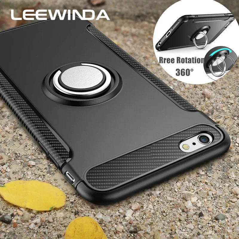 

Schokbestendig Case voor iPhone 7 6 6s 8 Plus X 5 5s se Xs Max XR Siliconen en hard Cover Met Magnetische Metalen Telefoon Ring